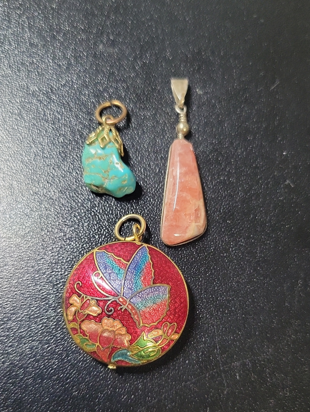 Handmade Red Butterfly Cloisonné Pendant and Peach Stone Charms